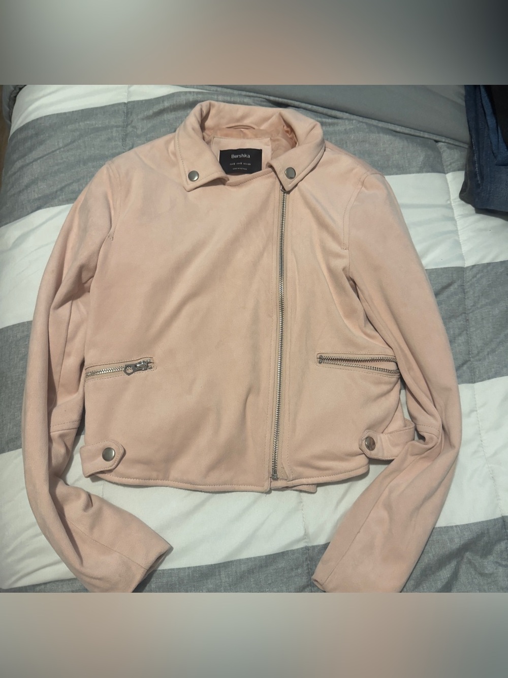 Bershka Light Blush Pink Suede Moto Jacket